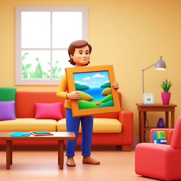 An artist is standing in a cozy living room, carefully wrapping a hand-painted portrait. The portrait features vibrant colors and intricate details, showcasing a serene landscape. The artist has short brown hair and is wearing a comfortable sweater. The living room is decorated with soft lighting, a plush sofa, and a small coffee table with art supplies scattered around. A window reveals a glimpse of a garden outside, and a warm, inviting atmosphere envelops the scene.