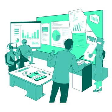 A teal tech expert stands confidently at a white podium, engaging an audience with a dynamic lecture. Surrounding the expert are various high-tech gadgets, including a sleek white tablet, a vibrant teal smartphone, and an assortment of gadgets displayed on a white table. Large white screens behind the expert showcase colorful graphs and data, emphasizing the lecture's themes. The atmosphere is filled with gadgets reflecting light, providing a modern and cutting-edge ambiance.