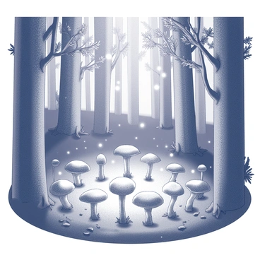 A clearing in a dense forest, surrounded by tall trees with thick trunks and leafy canopies. In the center of the clearing, a perfect circular arrangement of small mushrooms creates the fairy circle. The mushrooms have varied shapes and sizes, some with rounded caps and others with slender stalks. Small, ethereal lights called star spren hover gently above the circle, illuminating the area with a soft glow. The ground is covered with a layer of green moss and scattered leaves, enhancing the natural setting. The atmosphere is tranquil, inviting exploration and wonder.