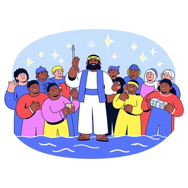 Moses and the people singing a song of triumph by the sea with musical instruments