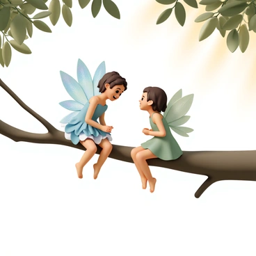 Two fairies, one with iridescent blue wings and the other with shimmering green wings, are sitting on a sturdy tree branch. The fairy with blue wings is wearing a dress made of delicate petals in various shades of blue, while the fairy with green wings is dressed in soft green leaves. They are facing each other, sharing stories and giggling, their smiles wide and eyes sparkling with joy. Sunlight filters through the leaves above, casting playful shadows on the branch, creating a warm and inviting atmosphere around them.