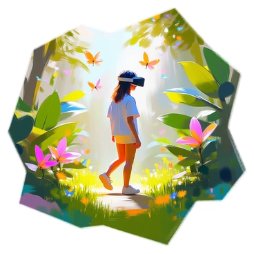 A person with medium skin tone wearing a black VR headset stands in the midst of a vibrant digital jungle. Lush greenery surrounds them, with large, oversized leaves and colorful flowers creating an immersive environment. The ground is covered in a thick, bright green carpet of digital grass, and the air is filled with glowing butterflies fluttering around. Sunlight filters through the canopy above, casting dappled light on the figure as they take a step forward, seemingly exploring the virtual world. The person's body language suggests curiosity and wonder as they engage with the simulated nature around them.
