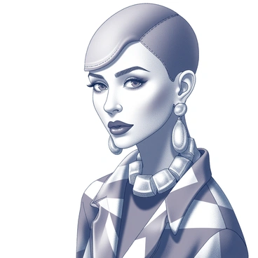 A close-up of a model's head and shoulders showcasing oversized jewelry and accessories. The model wears large, statement earrings that dangle prominently, catching attention with their intricate design. Her neck is adorned with a chunky necklace, composed of bold geometric shapes and textures. The model's outfit features a striking pattern, with distinct lines and forms that create a visually compelling appearance. Her makeup is bold, highlighting her features and complementing the accessories. The lighting accentuates the shine of the jewelry and the details of the outfit.