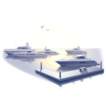 A harbor scene at sunrise. The water is smooth, reflecting the light of the early morning. Multiple motor yachts are anchored, their hulls gently swaying with the subtle movements of the water. The silhouettes of the boats are visible against the soft light of dawn. Nearby, a dock extends into the water, with benches and mooring posts lined along its length. In the background, a few seagulls are flying above, adding to the tranquil atmosphere of the harbor.