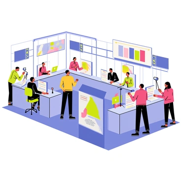 A lively modern newsroom filled with people working at desks. There are multiple large screen televisions mounted on the walls, each displaying colorful breaking news graphics. Reporters are seen talking into microphones, and there are journalists typing on laptops. The room is bright with overhead lights and large windows, letting in natural light. Several cameras are positioned around the room capturing the action, while news tickers run along the bottom of the screens.