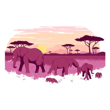 A duotone illustration depicts a family of elephants walking across the savannah during sunset. The sky is filled with shades of orange and pink as the sun begins to set on the horizon, casting a warm glow over the landscape. The elephants are shown in various sizes, with the largest leading the group and a small calf following closely behind. The tall grass sways gently in the evening breeze, and acacia trees are silhouetted in the background. The scene captures the gentle movement of the elephants as they traverse the open expanse of the savannah.