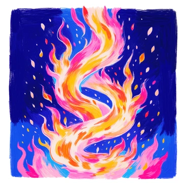 A spiral of flame is rising into the air, with vibrant orange and yellow hues contrasting against a dark background. The flames twist and turn in a dynamic motion, creating a mesmerizing pattern as they ascend. The edges of the fire flicker with shades of red and hints of blue, adding depth to the fiery display. The dark background enhances the brightness of the flames, making the scene visually striking.