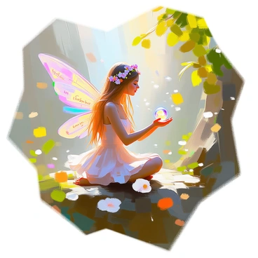 A fairy with iridescent wings formed by delicate letters and tiny vocabulary words is gracefully hovering in a lush, green forest. Her wings shimmer with a spectrum of colors as sunlight filters through the leaves above. The fairy has long, flowing hair that cascades down her back, adorned with small flowers. She is wearing a soft, flowing dress made of petals, blending harmoniously with the natural surroundings. Tiny vocabulary words and letters flutter around her, creating a magical ambiance, while she holds a small, glowing orb in her hand, casting a gentle light around her.