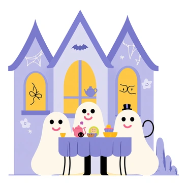 A friendly haunted house with a light blue exterior and whimsical architecture serves as the backdrop. Inside, three playful ghosts float around a round table, decorated with a colorful tablecloth. The ghosts have cheerful expressions, with one wearing a small top hat and another holding a teacup. A variety of teapots and snacks, such as cookies and cupcakes, are arranged on the table. The walls of the haunted house are adorned with cheerful decorations like smiling bats and friendly cobwebs. A warm glow emanates from a nearby window, illuminating the delightful tea party scene.