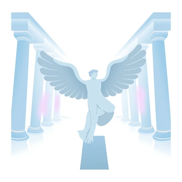 A marble statue of "Icarus" is depicted with wings extended wide, positioned confidently in the center of a museum hall. The statue is finely detailed, showcasing the texture of the marble and the intricate patterns of the feathers on the wings. Surrounding the statue, the museum hall features tall, elegant columns and soft lighting that enhances the smooth surface of the marble. The floor is polished, reflecting the form of the statue, and in the background, there are minimalist displays of other sculptures, creating a serene atmosphere.