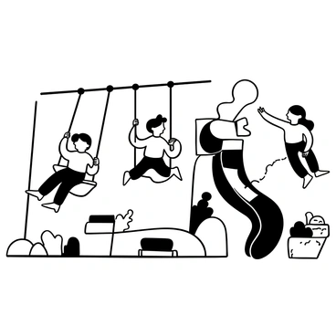 A group of children playing on swings and slides in a vibrant playground setting. There are two swings: one child is swinging high while another child is waiting for their turn. Nearby, a slide has a child descending quickly, arms raised in excitement. Surrounding the playground are various climbing structures and benches. The scene captures the energy and joy of children as they engage in their playful activities.