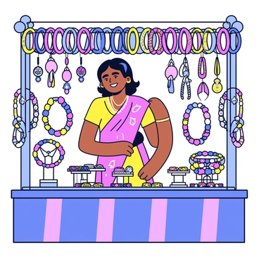 An Indian woman stands at a stall in an evening market, surrounded by an array of colorful bangles and jewelry. She wears a vibrant traditional sari with intricate patterns and embellishments. The stall is adorned with strings of sparkling necklaces, earrings, and bracelets displayed on small stands. The market atmosphere is lively, with soft evening light illuminating the scene. The woman smiles as she interacts with customers, showcasing her beautiful collection of accessories.