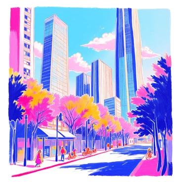 A cityscape features towering skyscrapers with sleek, modernist architectural elements. The buildings have sharp angles and large glass windows that reflect the light. The streets below are lined with trees and contemporary lampposts. In the foreground, a bustling street scene includes pedestrians walking and bicycles parked along the curb. The sky is filled with a few clouds, creating a dynamic visual contrast against the structures. The entire scene is depicted in monochrome shades, emphasizing the architectural lines and shapes.