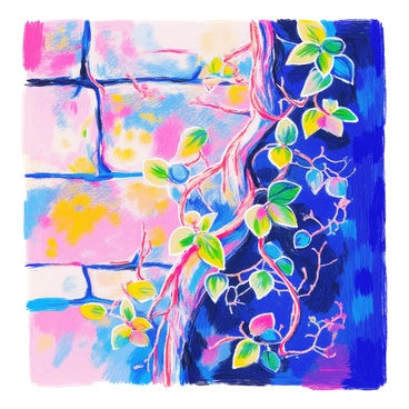 A scene of gnarly twisted vines climbing up an ancient wall