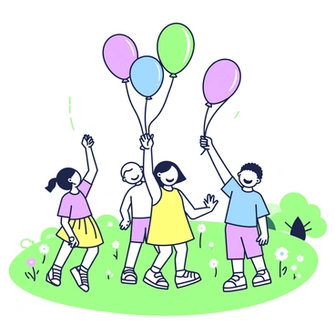 A group of children is standing together in an open field, joyfully releasing balloons into the sky. Each child is holding several balloons that are a variety of shapes and sizes. The children are dressed in casual summer clothing, with one girl wearing a yellow dress and a boy in a blue t-shirt. The balloons are being let go with laughter and excitement, floating upward into the clear, open sky. The background features a grassy landscape dotted with wildflowers, and a few trees can be seen in the distance. The sunlight casts gentle shadows on the ground, emphasizing the cheerful atmosphere.