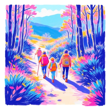 A group of hikers is walking along a path on the Appalachian Trail. They are wearing backpacks and sturdy hiking boots. The hikers consist of a diverse mix of individuals, including a man with a baseball cap and sunglasses, a woman with a colorful scarf tied around her neck, and a teenager with a camera hanging from their neck. The surrounding landscape is filled with lush greenery, including tall trees with vibrant leaves and thick underbrush. Dappled sunlight filters through the tree canopy, creating patches of light on the forest floor. In the distance, a gentle slope leads to a misty mountain range.