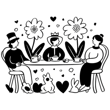 The "Queen of Hearts" is seated at an ornate table covered with "heart decorations" in various shapes and sizes. She is surrounded by "quirky characters" such as a "mad hatter" wearing a large, whimsical hat and a "march hare" with exaggerated features. There are multiple teacups, teapots, and delicious pastries displayed on the table, all intricately designed. The background features large flowers and playful elements that enhance the whimsical atmosphere, creating a lively tea party scene.