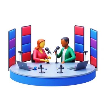 A 3D podcast platform with multiple microphones arranged on a sleek table. Two hosts are seated, one is speaking into a microphone while the other is listening attentively. The hosts are surrounded by soundproof panels decorated with vibrant colors. Various podcasting equipment, such as headphones and computers, are visible on the table. Bright lights illuminate the scene, creating a lively atmosphere.