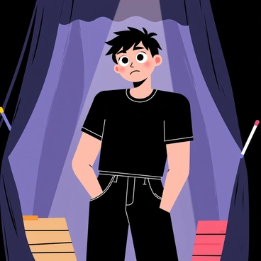 A young actor with short, messy dark hair is standing backstage in a dimly lit environment. They are wearing a simple, fitted black T-shirt and dark jeans. The actor is nervously biting their lip, and their eyes are wide with anticipation. In the background, various stage props are visible, including a wooden crate and a hanging curtain. A spotlight shines through the curtains, hinting at the vibrant colors of the stage lights. The atmosphere is filled with tension, highlighting the actor's anxious demeanor.
