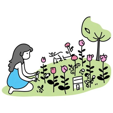 A lush garden filled with various blooming roses in vibrant colors, including red, pink, and white. In the center, a woman with long hair, wearing a light blue sundress, kneels on the soft green grass. She is gently tending to the flowers, carefully pruning the stems with a pair of gardening shears. The atmosphere is quiet and still, with a gentle breeze rustling the leaves of surrounding plants. A small wooden bench sits nearby, and in the background, there are tall trees providing shade, enhancing the tranquil setting. The roses stand out as symbols, highlighting her connection to a lost love.