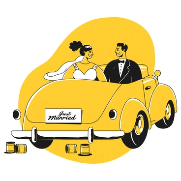 A couple in formal attire sitting in a vintage car, smiling as they drive away. The woman wears a white wedding dress with lace details, and the man is in a black suit with a bow tie. Attached to the back of the car is a sign that reads "Just Married" in bold lettering. Tin cans are tied to the rear of the car, clattering as they drag along the road. The scene captures the joyful moment of their departure from the wedding venue.