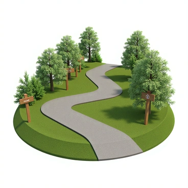A winding path that meanders through a lush green landscape, with trees and bushes lining either side. Along the path, there are several wooden milestones, each showcasing a small sign. One milestone reads "Education" with a book icon, another reads "Home" featuring a simple house illustration, and the final one displays "Travel" with a globe symbol. The signs are neatly placed, clearly visible and each is set against the backdrop of the vibrant scenery.