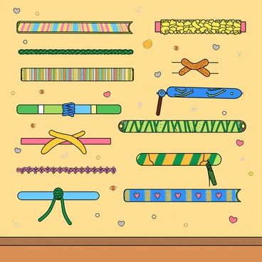 A large mural wall fills the interior of a community center, showcasing an array of vibrant friendship bracelet designs. The mural features a variety of patterns including stripes, diamonds, and hearts, each bursting with colors like bright blue, sunny yellow, deep green, and soft pink. Different styles of bracelets, some with beads and others woven intricately, are displayed in a playful manner. Surrounding the bracelets are small, cheerful illustrations of hands tying the bracelets together, symbolizing connection and friendship. The backdrop of the mural is a warm, inviting shade that enhances the colorful designs, creating an atmosphere of joy and community spirit.