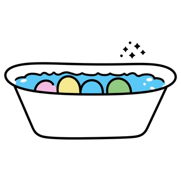 An oversized bathtub, painted in a sleek white finish, is filled to the brim with an assortment of colorful bath bombs. The bath bombs in various shades of pink, blue, yellow, and green are partially submerged, creating a vibrant array of colors. The water is a clear, sparkling blue, with bubbles forming on the surface, indicating the fizzing action of the bath bombs. The scene captures the joyful and playful essence of a relaxing bath experience.