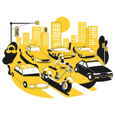 A person riding a mini bike, maneuvering skillfully between cars in a busy city street during rush hour. The rider is wearing a black helmet and a yellow jacket for safety. Surrounding the rider are various vehicles, including a yellow taxi and a black sedan, all in a tight formation. The cityscape features tall buildings and traffic lights, while the sun casts sharp shadows on the asphalt. The scene captures the chaos and energy of urban life.