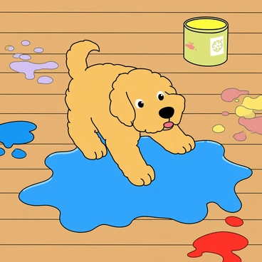 A small golden puppy with fluffy fur is playfully stepping into a puddle of bright blue paint on the floor. Its front paw is raised, partially submerged in the paint, while colorful paw prints in vibrant shades of blue, red, and yellow are scattered across the wooden floor. The puppy's eyes are wide with curiosity and a hint of mischief. Around it, there are empty paint cans in various colors, adding to the chaotic scene. The floor reflects the playful spirit of the puppy as it investigates the colorful mess.