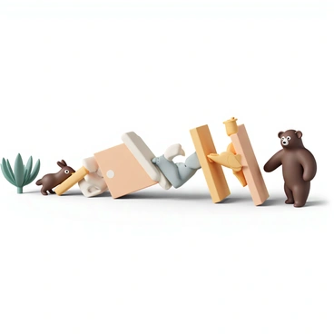 A series of dominoes, each designed to resemble a different animal in a food chain. The first domino is a vibrant green plant, followed by a small brown rabbit, then a sleek grey fox. Next, a majestic golden eagle, and finally, a large brown bear. The dominoes are positioned upright in a line, with the first domino just starting to topple, creating a chain reaction. Each domino features intricate details, capturing the unique characteristics of the animals. The background is a simple, neutral color to emphasize the action of the dominoes falling.
