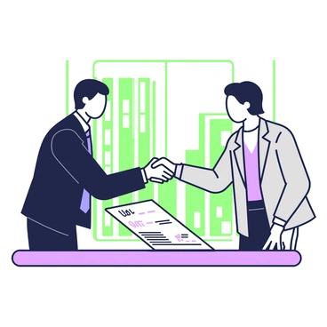 Two businesspeople are standing facing each other, engaging in a handshake. One is wearing a dark suit and a blue tie, while the other is dressed in a light gray suit with a white shirt. Between them lies a signed procurement contract on a wooden table. The contract is visible with a bold title at the top and a few lines of text. In the background, there are tall office buildings visible through large windows, hinting at a corporate environment.