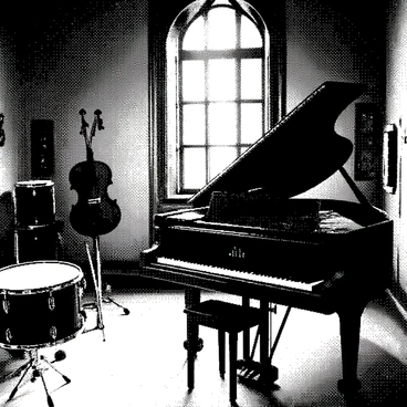 A large, dusty music room inside a forgotten castle features various musical instruments positioned around the space. An ornate grand piano sits in the center, its keys pressed down as if played by invisible hands. To the left, a violin is levitating slightly above its stand, with the bow moving across its strings. In the corner, a set of drums appears to be struck by unseen forces, with drumsticks in mid-air. The room is filled with cobwebs and shadows, and remnants of faded tapestries hang on the walls. Sunlight streams in through a cracked window, illuminating the dust particles dancing in the air.