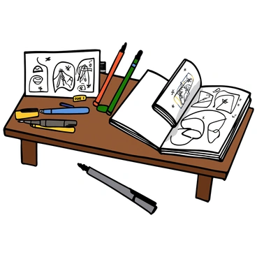 A selection of colorful Faber-Castell markers and pens arranged neatly on a wooden table. The markers include vibrant shades of red, blue, green, yellow, and black, with some having brush tips and others fine tips. Next to the markers, there are several blank sheets of white paper ready for a comic project, along with a sketchbook opened to a page filled with rough sketches. The setting has a warm, inviting atmosphere, emphasizing the creativity and artistic process.