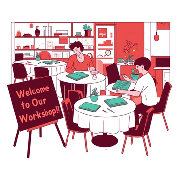 A small business owner is setting up a workshop in a cozy cafe. There are several round tables arranged in a semi-circle, each covered with white tablecloths. On the tables, there are teal notebooks, pens, and small potted plants. A chalkboard is positioned at the front, displaying the words "Welcome to Our Workshop!" in bright orange letters. The cafe is warmly lit, with a mix of red and white decorations, creating an inviting atmosphere. Customers are seated at the tables, engaging in conversation and eagerly looking at the materials in front of them.