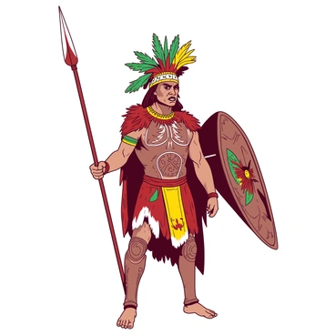 An Aztec eagle warrior stands tall in a dramatic pose, showcasing his intricate armor. The armor is adorned with detailed engravings and vibrant feathered decorations. The warrior holds a shield in his left hand, which displays a fierce eagle emblem. His right arm is raised, brandishing a decorated spear with a sharp, pointed tip. The warrior's headdress is made of bright feathers, adding to his imposing presence. His expression is fierce, embodying strength and bravery. The scene captures the warrior against a blurred background, emphasizing his commanding figure.