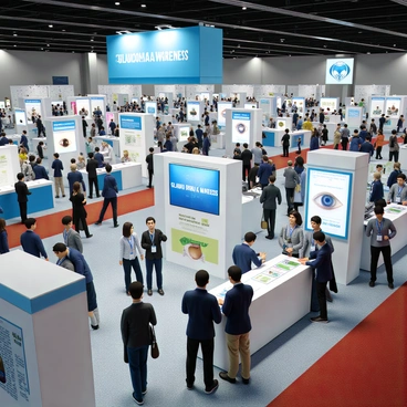 A bustling health expo taking place in a large convention center with numerous booths and visitors. One specific booth is dedicated to glaucoma education, featuring a large banner that says "Glaucoma Awareness" in bold, clear letters. The booth is equipped with informational pamphlets, a digital screen displaying educational videos about glaucoma, and interactive models of the human eye. There are friendly staff members wearing name tags, engaging with attendees, answering questions, and demonstrating vision tests. The atmosphere is lively, with people walking around, chatting, and learning about various health topics.