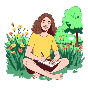 A writer with curly brown hair is sitting cross-legged in a lush field filled with vibrant wildflowers. The wildflowers include pops of yellow and orange, creating a lively atmosphere. The writer is holding a black notebook on their lap, with a pen in hand, scribbling thoughts inspired by the beautiful scenery. Sunlight filters through the nearby trees, casting gentle shadows on the ground. In the background, a gentle breeze rustles the flowers, adding movement to the serene setting. The writer looks content and focused, completely immersed in their creative process.