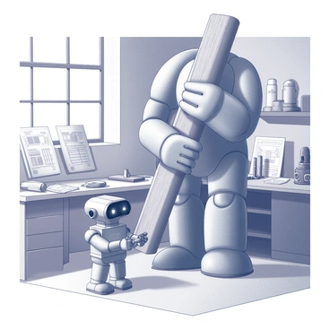 A golem and a small robot working together to build something in a workshop.
