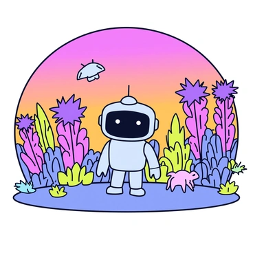 A small robot with a shiny metallic surface and antennae stands in the foreground. The robot features large, expressive eyes that scan the surroundings. In the background, there are vibrant alien plants with unusual shapes and bright colors, such as purple spiky flowers and neon green foliage. Strange creatures, resembling a mix between a lizard and an insect, can be seen moving among the plants. The sky above is a rich hue of pink and orange, adding a surreal atmosphere to the landscape.