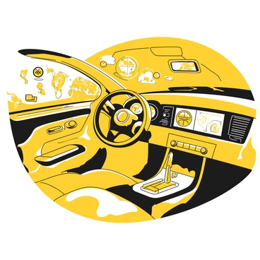 A close-up view of a car's dashboard featuring various high-tech gadgets and instruments. The dashboard is equipped with a large digital display showing navigation maps and vehicle statistics. Surrounding the display are various buttons and dials, including a speedometer, fuel gauge, and climate control settings. There are touchscreen interfaces for multimedia control and connectivity options. The dashboard is sleek and modern, with a smooth finish and intricate details highlighting the technology inside the vehicle.