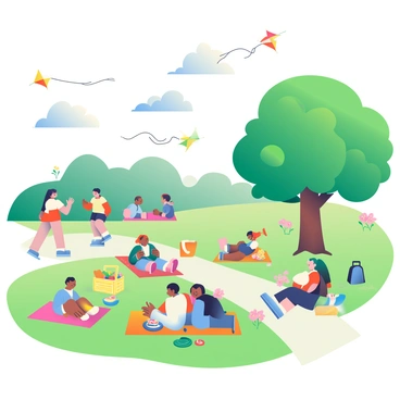 A vibrant park scene is filled with families enjoying a sunny day. Several families are scattered across the lush green grass, some sitting on colorful picnic blankets while others are setting up picnic baskets filled with various foods. In the sky above, kites of different shapes and colors are flying high, with children running joyfully, holding onto the strings. A small group of children is playing frisbee nearby, while a couple of adults are relaxing under the shade of a large oak tree. Bright flowers bloom along the walking paths, and a blue sky with a few fluffy white clouds completes the cheerful atmosphere.