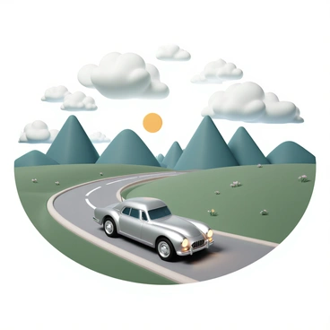 A sleek silver car, with shiny chrome rims and headlights illuminated, is speeding along a winding road. The landscape on either side features lush green fields with patches of colorful wildflowers. Towering hills rise in the background, while above, dramatic cloud formations swirl in shades of gray and white, casting shadows over the scene. The sun breaks through in places, illuminating parts of the landscape with a warm glow.