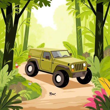 A rugged vehicle navigating through a dense and lush rainforest trail