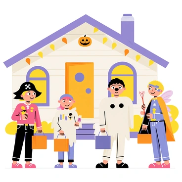 A group of four children in colorful costumes stands in front of a house adorned with Halloween decorations. One child is dressed as a pirate with a black hat and an eye patch, another as a fairy with shimmering wings and a wand. A third child is wearing a ghost costume made from a white sheet with eye holes cut out, while the fourth is dressed as a superhero with a bright cape. The children are holding small orange and purple bags overflowing with candy. The house has orange string lights and a carved pumpkin with a smiling face on the porch. The atmosphere is lively with the children's excited expressions as they prepare to knock on the door.