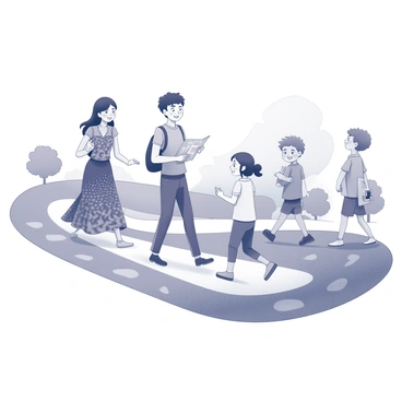 A group of four characters walking along a winding road. One character is a tall woman wearing a flowing dress with intricate patterns. Another is a short man with a backpack, glancing at a map. A third character is a young girl skipping ahead with a bright smile, and the last is a boy holding a camera, capturing the moment. The road beneath their feet displays various geometric patterns and textures, creating a dynamic visual effect. The background is dotted with stylized trees and distant hills, framing the scene.