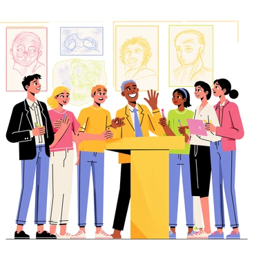 A scene depicting "Stan Lee" standing at a podium, gesturing animatedly with a big smile on his face. He is surrounded by a group of "young comic artists," each displaying a mix of excitement and curiosity. Some artists are holding sketch pads, while others have colorful markers in hand, engaged in taking notes. The background features posters of classic comic book characters, creating a vibrant atmosphere that emphasizes creativity and inspiration.