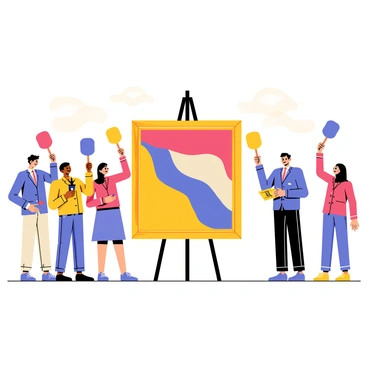 A lively art auction scene with several bidders standing in a semi-circle. Each bidder holds a paddle raised high, expressing their intent to bid. In the center, a large, stunning painting is on display, featuring bold colors and dynamic brush strokes. The painting is framed elegantly, with ornate details. The auctioneer stands beside the painting, enthusiastically engaging the audience. Soft lighting highlights the painting, and the auction room has a rich, warm atmosphere filled with excitement.