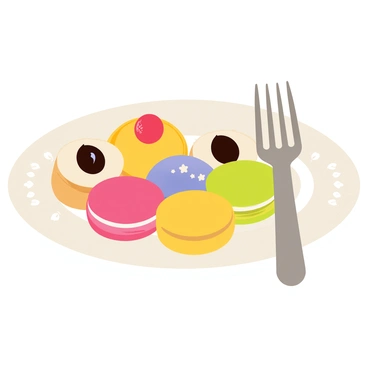 A dessert plate featuring a variety of macarons in different vibrant colors, such as pink, yellow, green, and purple, arranged neatly. Surrounding the macarons are several small pastries, including cream puffs topped with glossy chocolate and fruit tarts with shiny glazed fruits. The plate is white with a delicate pattern around the edge, enhancing the colorful display of treats. A silver fork is placed beside the plate, ready for enjoyment.