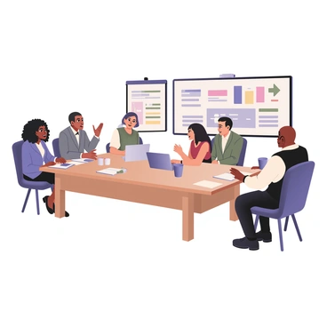 A digital flat illustration depicting a diverse group of business people gathered around a large, rectangular conference table. On the left, a woman with dark skin and curly black hair is wearing a blue blazer and is speaking enthusiastically, gesturing with her hands. Next to her is a man with light skin and short brown hair, dressed in a gray suit, listening intently. Across the table, a woman with medium skin and straight black hair in a red dress is taking notes on a tablet. Beside her, a man with dark skin and a bald head, wearing a white shirt and black vest, is sharing an idea with an engaged expression. The table is cluttered with laptops, notepads, and a coffee pot. A large screen in the background displays colorful graphs and charts indicating a collaborative brainstorming session.